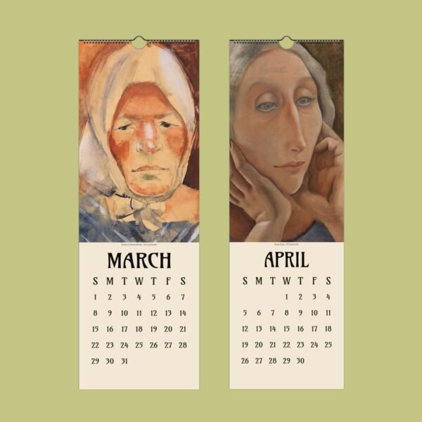 March and April calendar pages with abstract portraits.