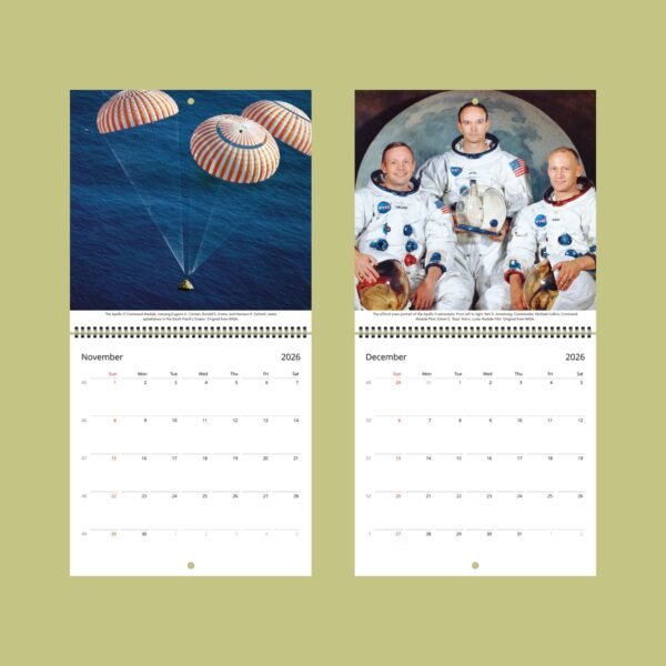 Apollo spacecraft splashdown and astronauts, 2026 calendar.