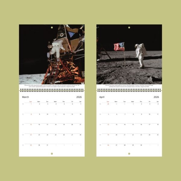 2026 calendar with moon landing images, March and April.
