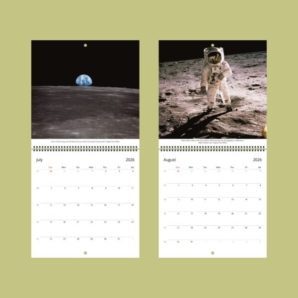 2026 calendar with moon and astronaut photos.