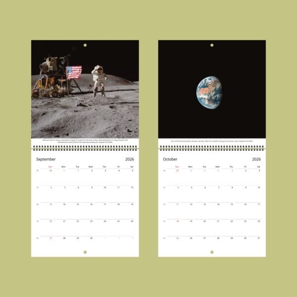 2026 calendar with moon landing and Earth photos.