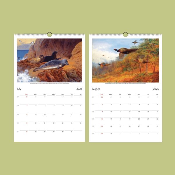 2026 calendar pages: July seals, August pheasants.
