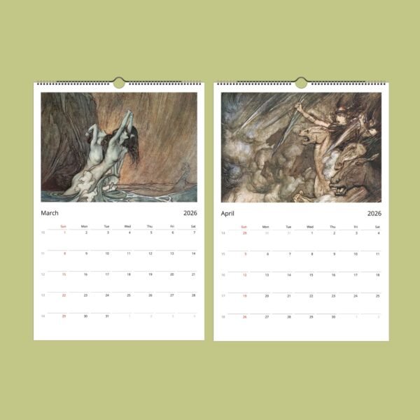 2026 calendar pages for March and April with artwork.
