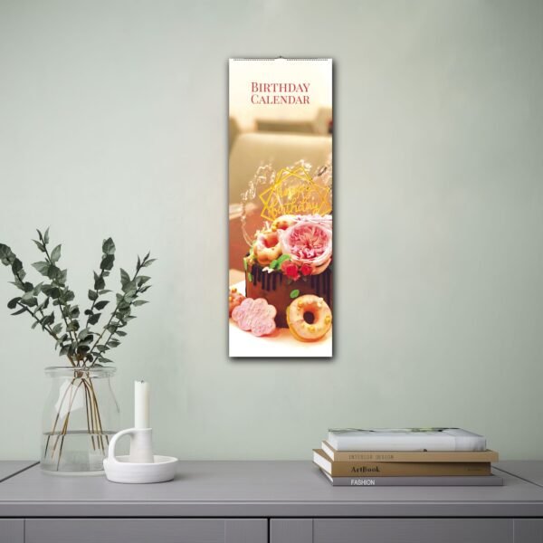 Birthday calendar with cake and flowers.