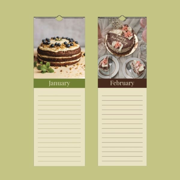 Calendar with January and February cake photos.