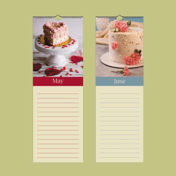 Floral cakes on May and June calendar pages.