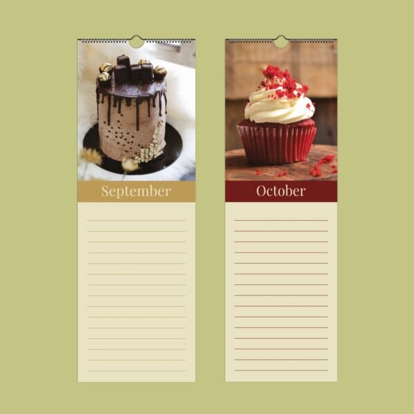Dessert-themed calendar with September cake, October cupcake.