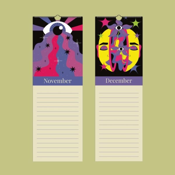 Artistic November and December calendar pages with faces.