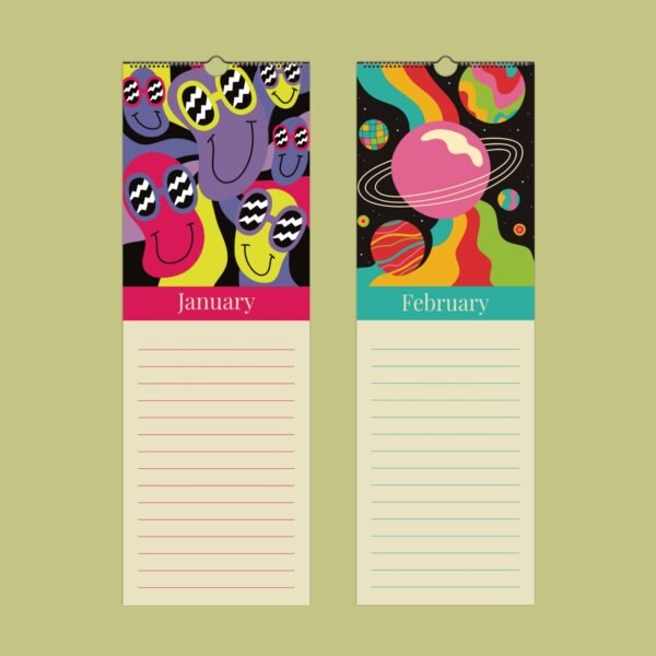 Colorful psychedelic January-February calendar pages