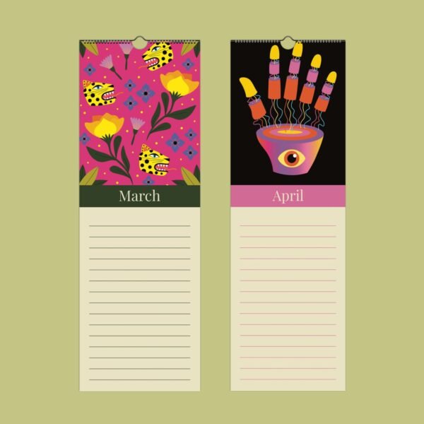 Colorful March and April calendar pages with illustrations.