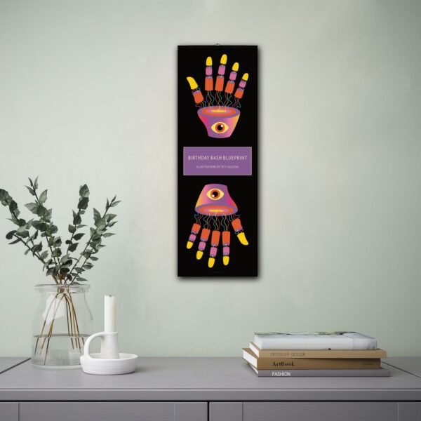 Colorful abstract hand art on wall over table.