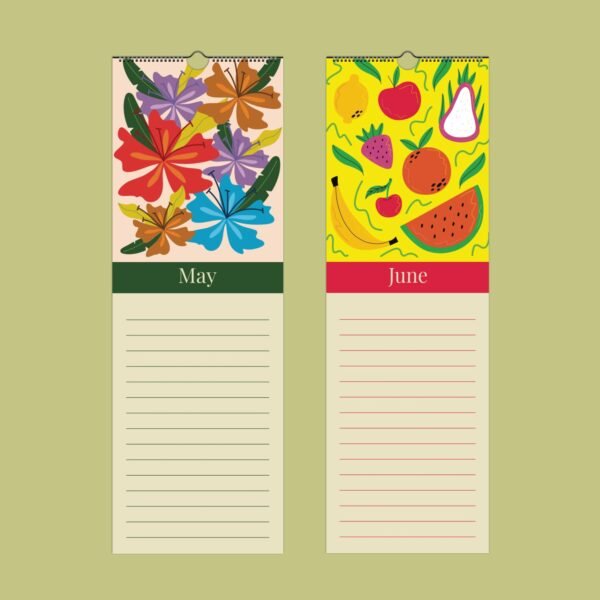 Colorful May flowers and June fruits calendar pages.
