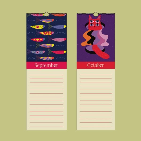 Colorful fish and surreal cat calendar pages.