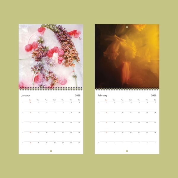 2026 calendar with floral and abstract designs.