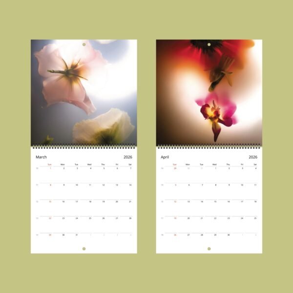 Calendar pages for March and April 2026 with flowers.