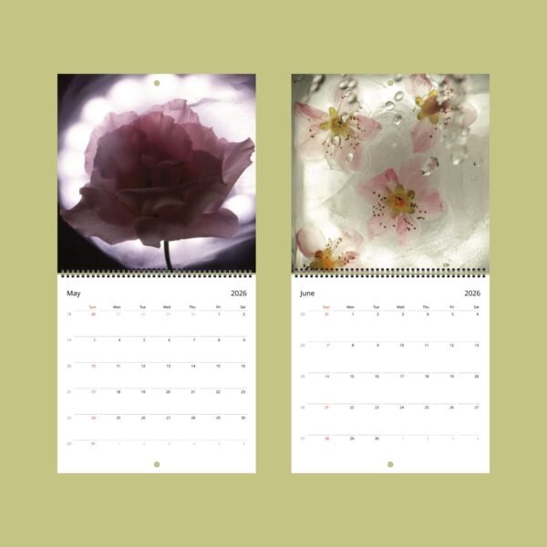 2026 calendar with May and June floral images.