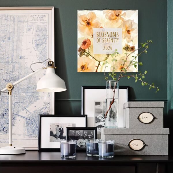 Serene floral calendar above stylish decorative desk setup