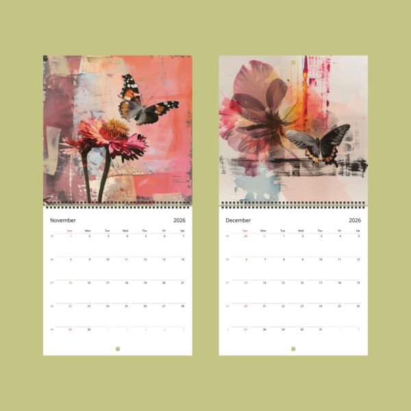 November-December 2026 butterfly flower calendar pages.