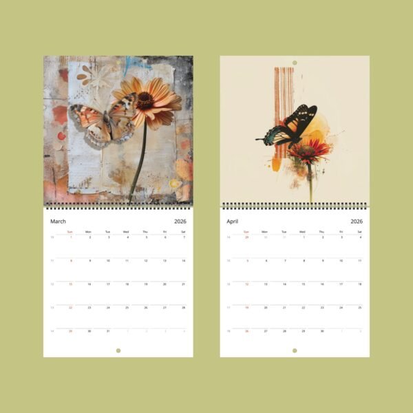 Two-page calendar with butterfly artwork for March, April.