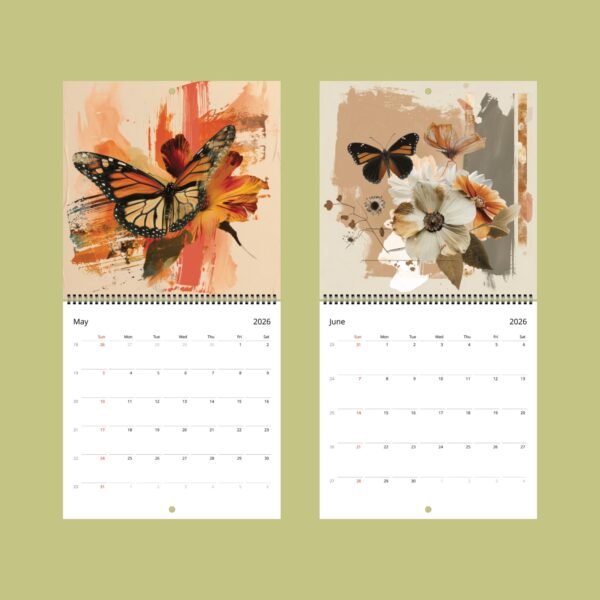 2026 calendar with butterfly and floral artwork.