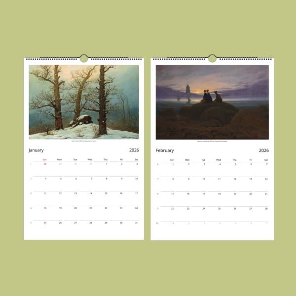 2026 calendar January February with landscape art.