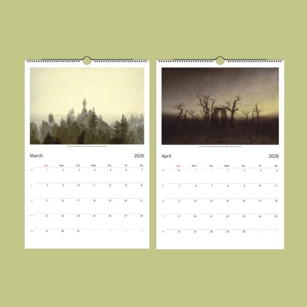 2026 March-April calendar with landscape paintings.
