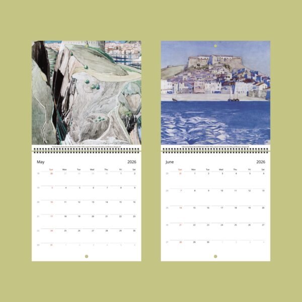 May and June 2026 calendar with landscape art.