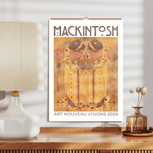 Mackintosh Art Nouveau 2026 calendar on wooden shelf.