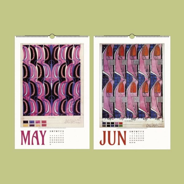 May and June calendar with abstract art designs.