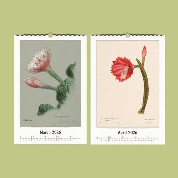March and April 2026 botanical flower calendar pages.