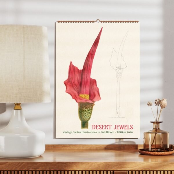 Desert Jewels vintage cactus artwork on wall calendar.