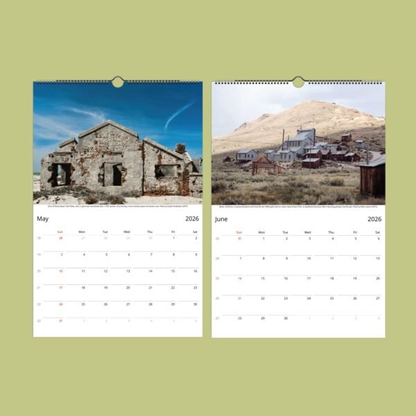 2026 calendar with May and June pages, desert ruins.