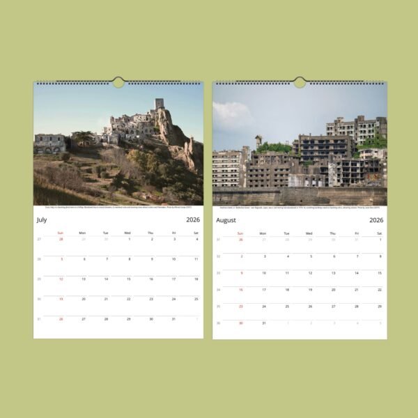 July and August 2026 calendar pages with buildings.