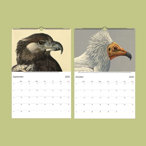 2025 calendar pages: September and October with bird illustrations.