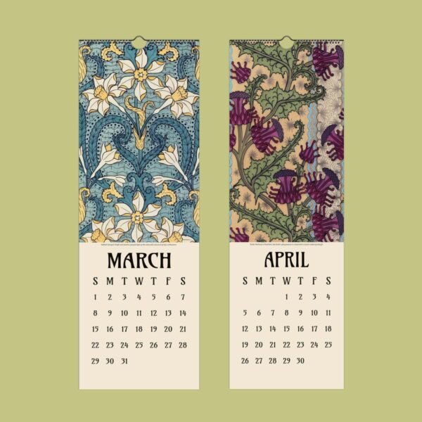 March April calendar with floral designs.