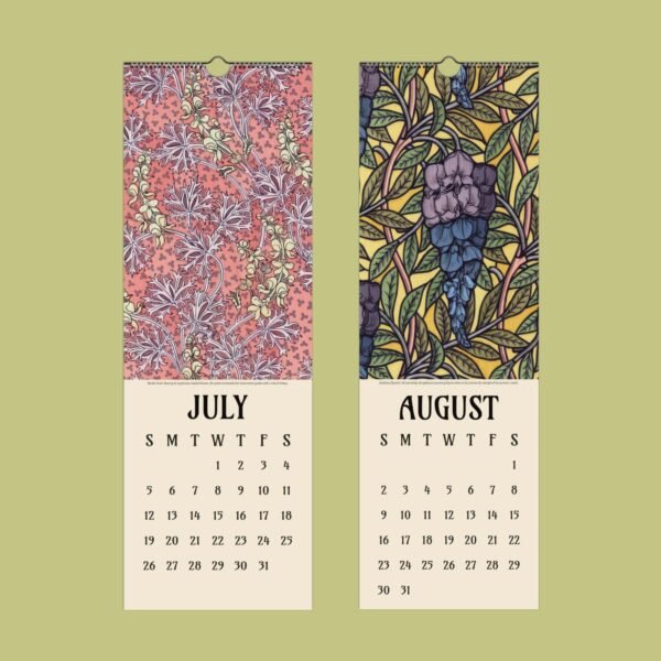 July and August decorative calendars with floral designs.