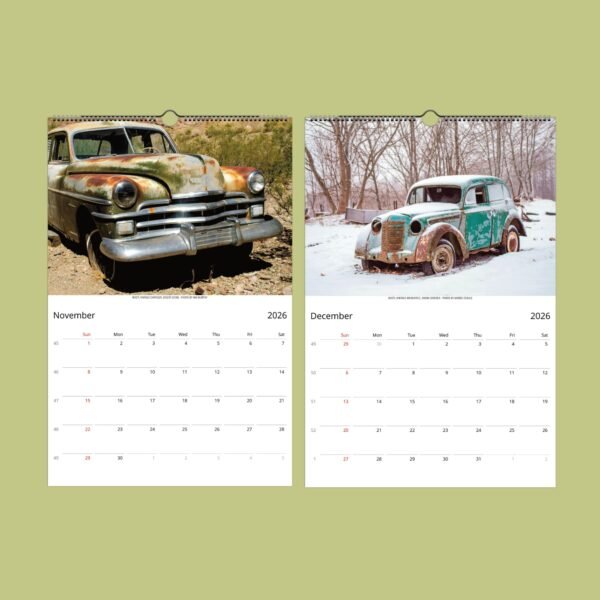 2026 calendar with vintage car images for November, December.