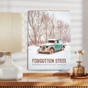 Vintage car calendar on wooden table display