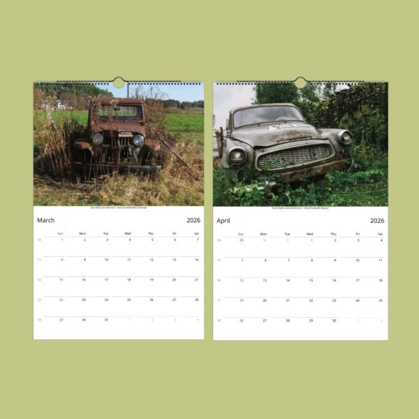 Rustic calendar with vintage cars for March and April.