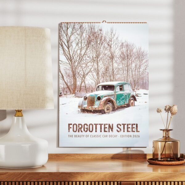 Vintage car calendar on wooden table display