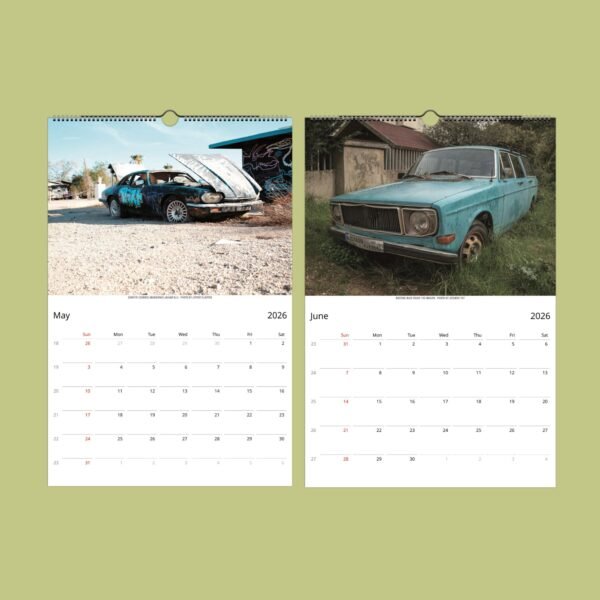 2026 calendar pages with old blue cars photos.