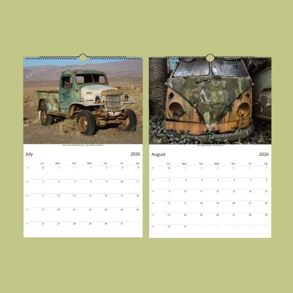2026 calendar, vintage trucks in desert and forest.