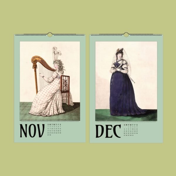 Vintage November December calendar illustrations.