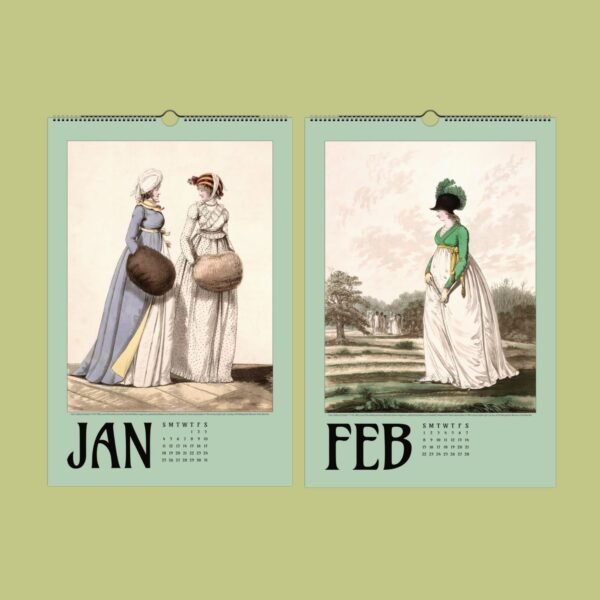 Vintage calendar with January and February illustrations.