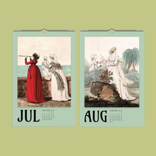 Vintage July-August calendar with women illustrations.
