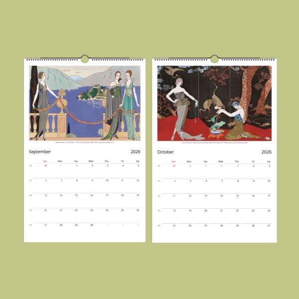 2026 calendar with artistic illustrations for September, October.