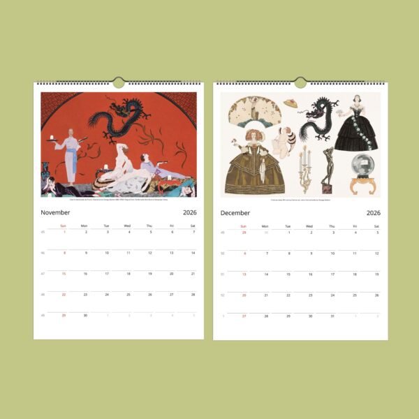 2026 calendar pages with artistic illustrations.