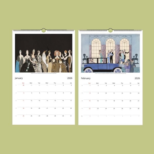 2026 calendar with vintage illustrations for January, February.