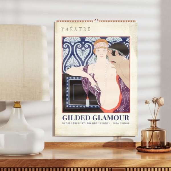 Art Deco theater calendar on wooden shelf.