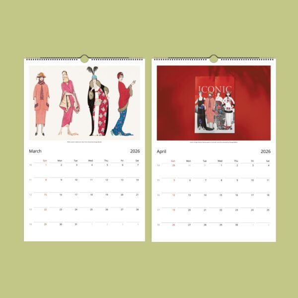 Vintage fashion illustration calendar for March and April 2026.